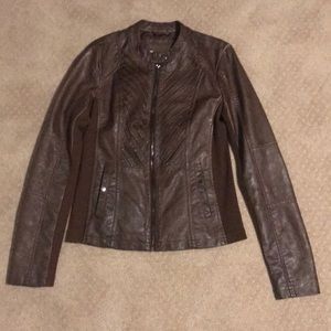 brown leather zip up jacket